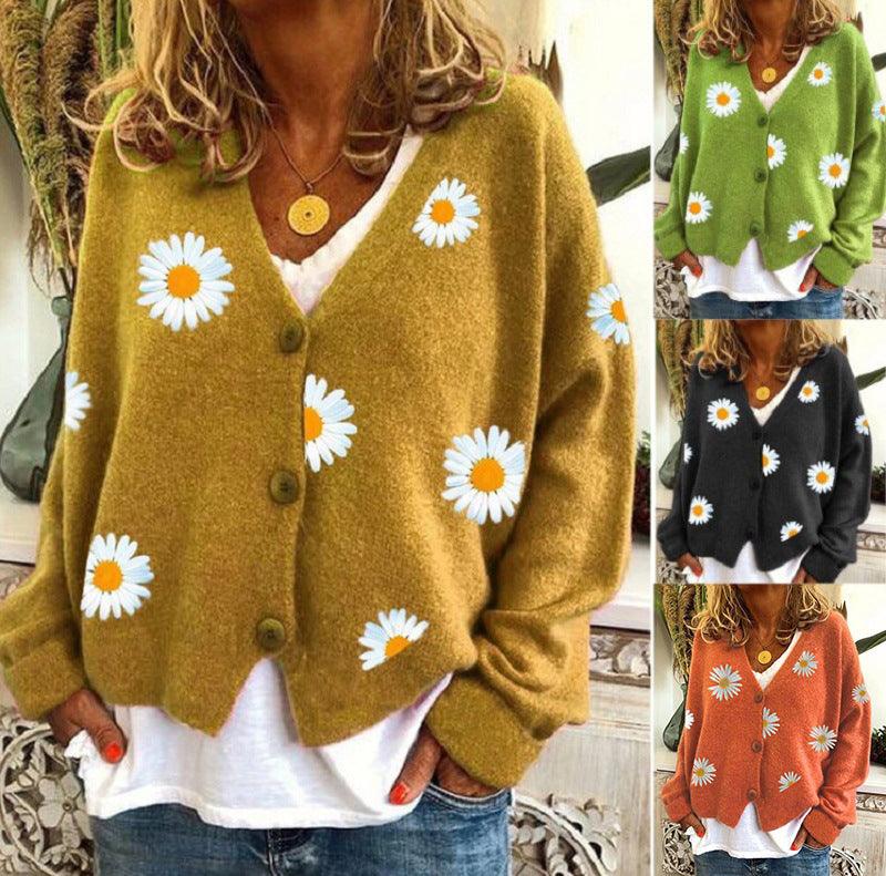 Women's Single Breasted Sweater Chrysanthemum Embroidered Cardigans Coat Clothes - Amazitshop