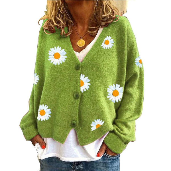 Women's Single Breasted Sweater Chrysanthemum Embroidered Cardigans Coat Clothes - Amazitshop