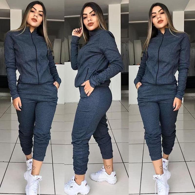 Womens Solid Color Long Sleeve Pants Suit Motion Twinset Two Pieces Fitness Clothing Casual Suit Two - piece Sets - Amazitshop