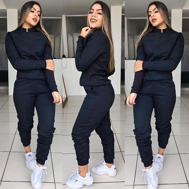 Womens Solid Color Long Sleeve Pants Suit Motion Twinset Two Pieces Fitness Clothing Casual Suit Two - piece Sets - Amazitshop