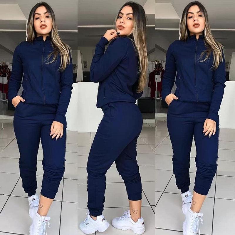 Womens Solid Color Long Sleeve Pants Suit Motion Twinset Two Pieces Fitness Clothing Casual Suit Two - piece Sets - Amazitshop