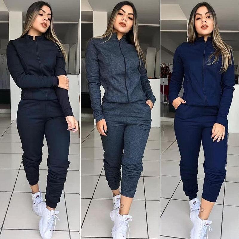 Womens Solid Color Long Sleeve Pants Suit Motion Twinset Two Pieces Fitness Clothing Casual Suit Two - piece Sets - Amazitshop