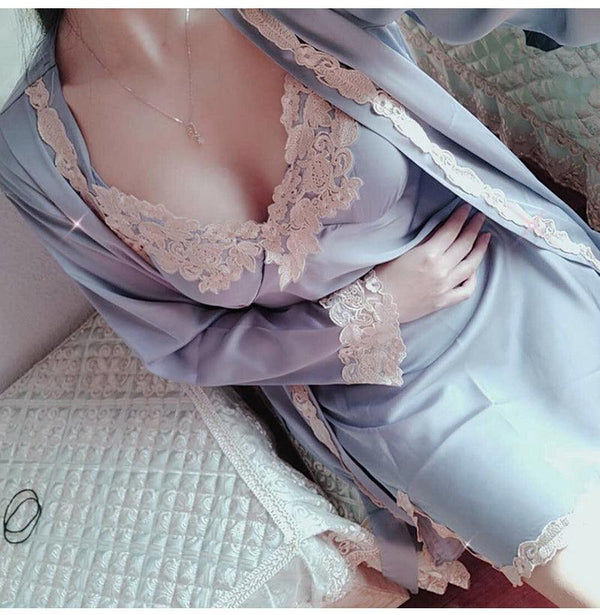 Women's Spring Two Piece Silk Sleeping Dress - Amazitshop
