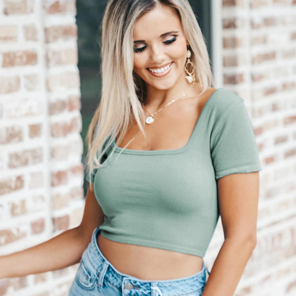 Women's Square Collar Thread Knitted Ultra Short Top Short Sleeve - Amazitshop