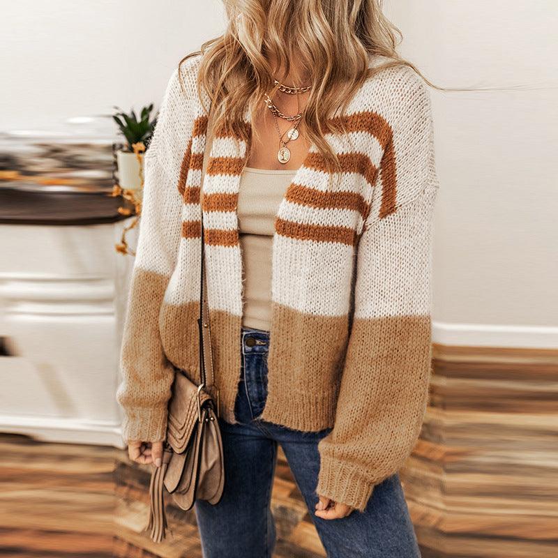 Women's Striped Contrast Cardigan Sweater - Amazitshop