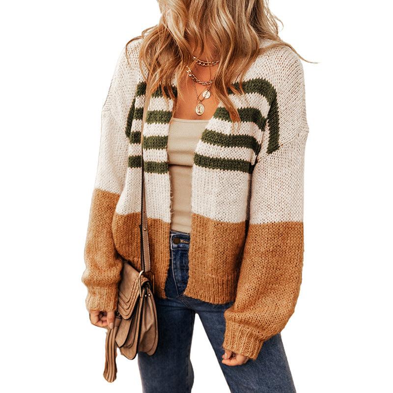 Women's Striped Contrast Cardigan Sweater - Amazitshop