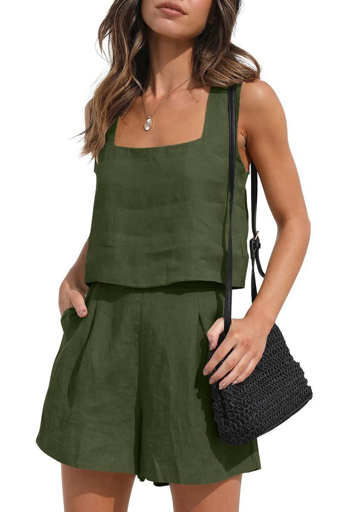 Women's Suit 2 Piece Outfits Square Neck Tops Shorts Sets Lounge Clothes Beach Summer Casual Outfits - Amazitshop