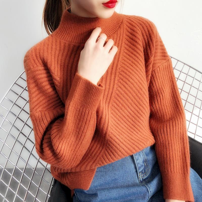 Women's Sweater Loose Lazy Half High Collar - Amazitshop