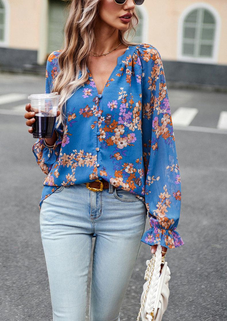 Women's Tops Casual Floral Print V Neck Long Sleeve Shirts Loose Chiffon Blouses Shirts Tops - Amazitshop
