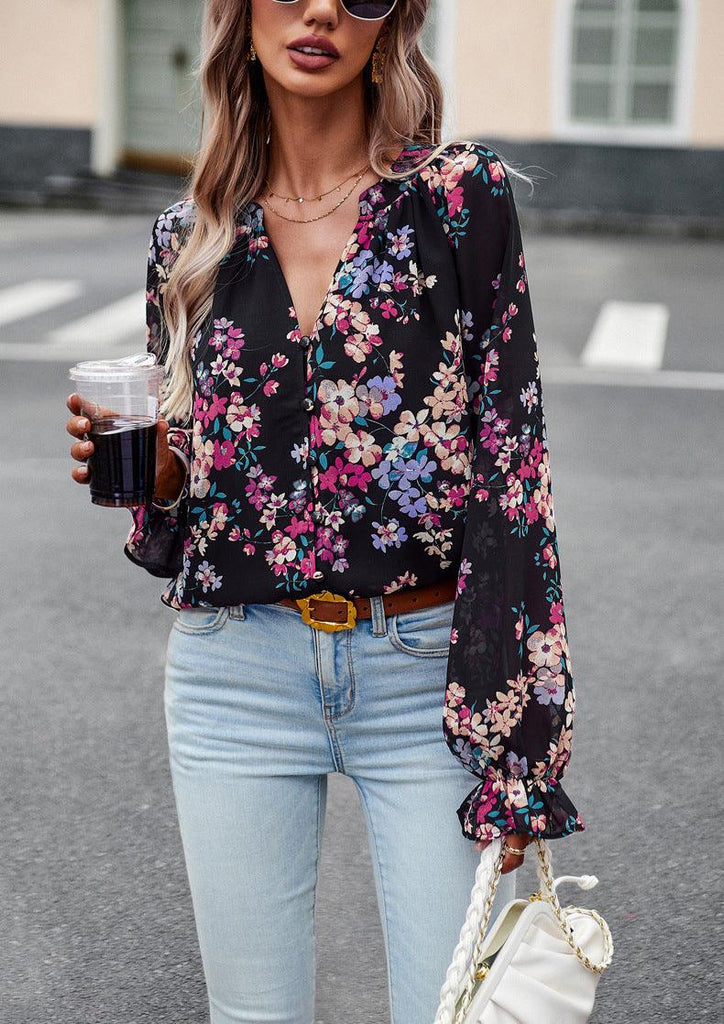 Women's Tops Casual Floral Print V Neck Long Sleeve Shirts Loose Chiffon Blouses Shirts Tops - Amazitshop