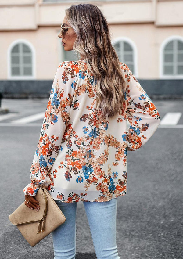 Women's Tops Casual Floral Print V Neck Long Sleeve Shirts Loose Chiffon Blouses Shirts Tops - Amazitshop