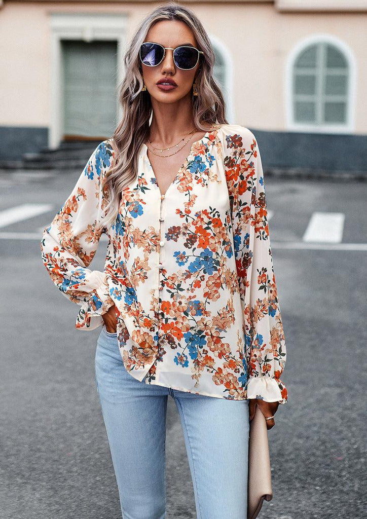Women's Tops Casual Floral Print V Neck Long Sleeve Shirts Loose Chiffon Blouses Shirts Tops - Amazitshop