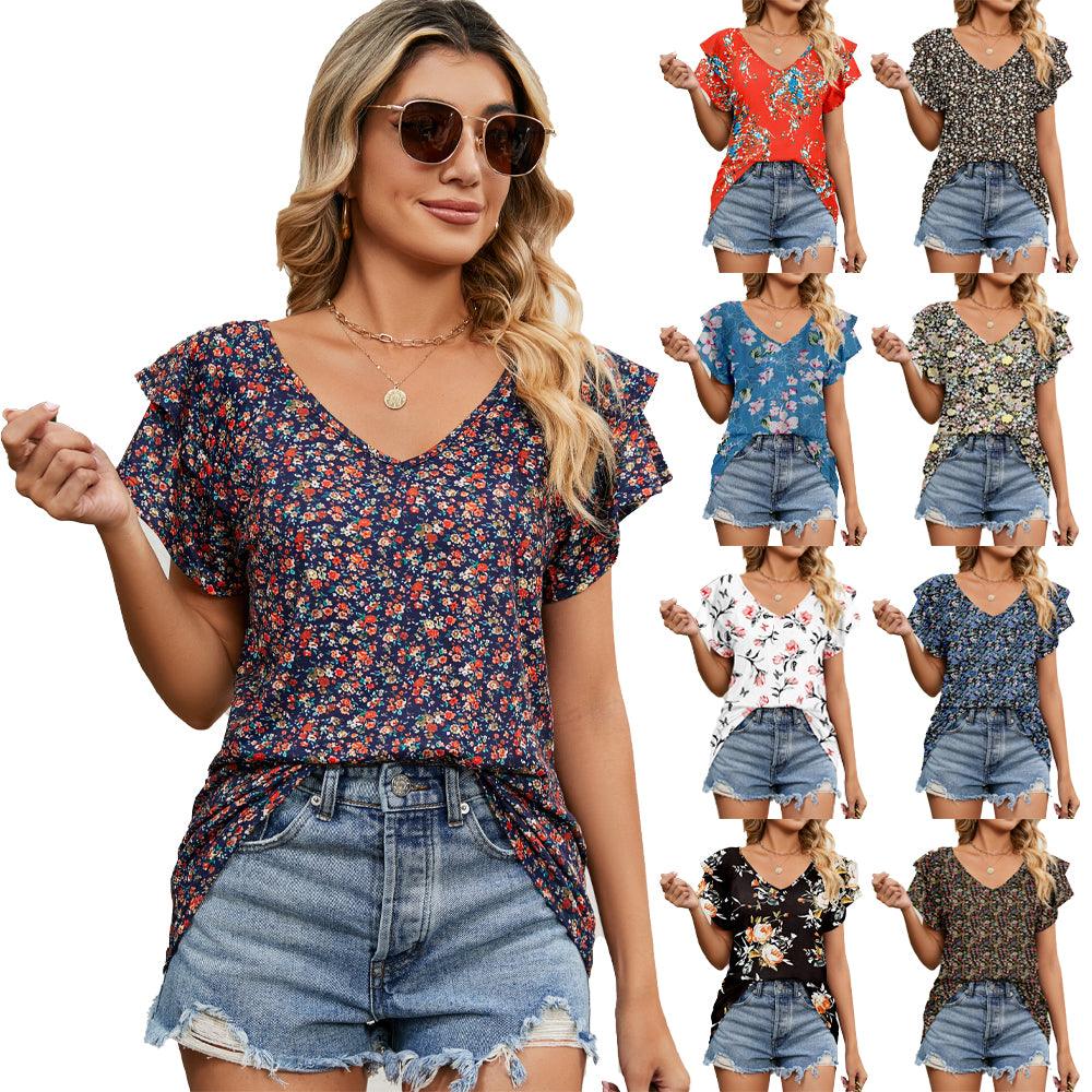 Women's Tops Casual V Neck Tops Ruffle Short Sleeve T Shirt Blouses - Amazitshop