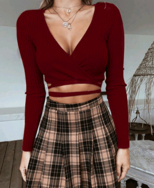 Women's Tops Fall Sexy Deep V Strap Long Sleeve Top - Amazitshop