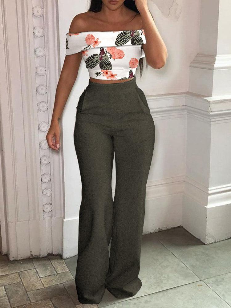 Women's Tropical Print Off - Shoulder Top And High Waist Pant Set - Amazitshop