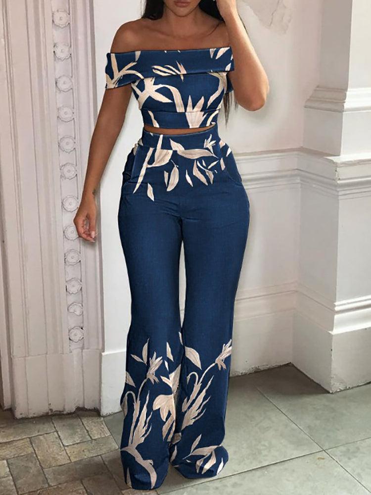 Women's Tropical Print Off - Shoulder Top And High Waist Pant Set - Amazitshop