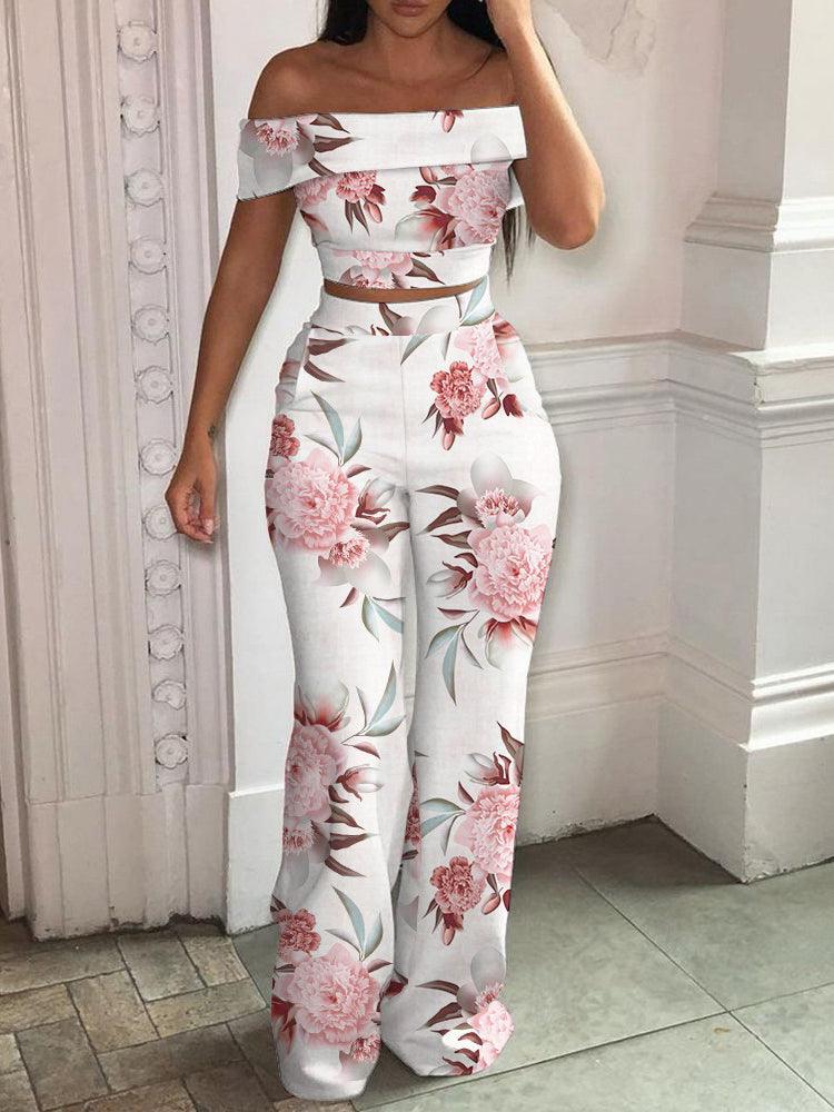 Women's Tropical Print Off - Shoulder Top And High Waist Pant Set - Amazitshop