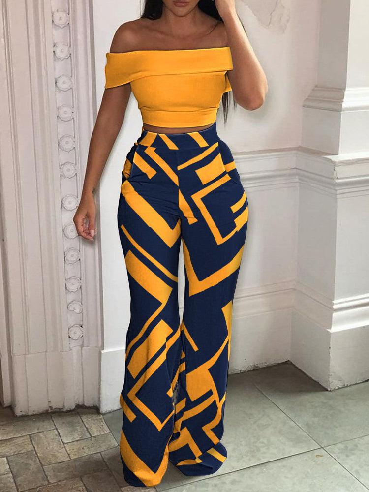 Women's Tropical Print Off - Shoulder Top And High Waist Pant Set - Amazitshop