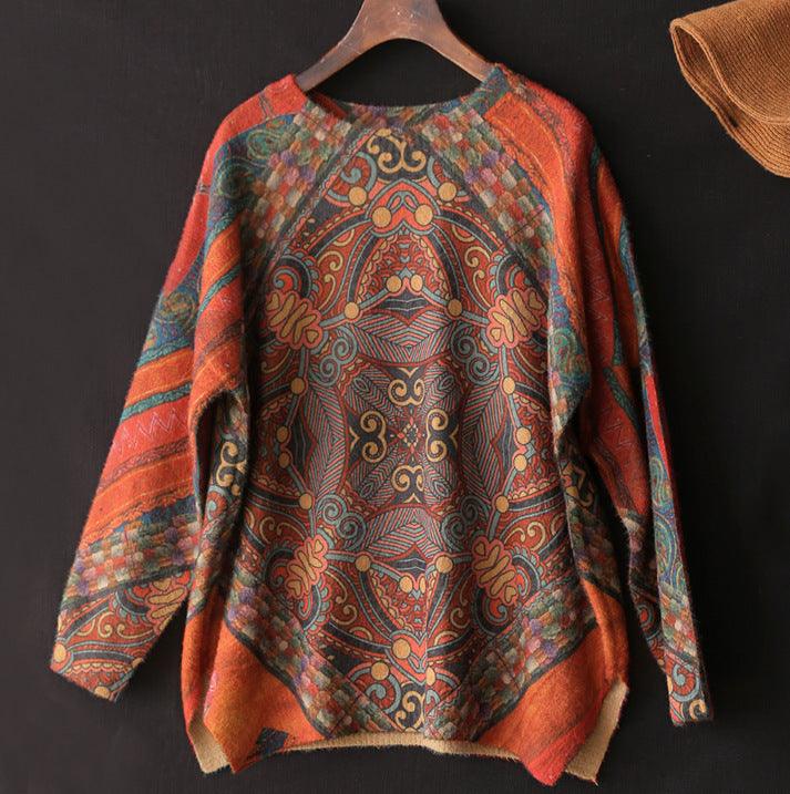 Women's Vintage Printed Imitation Mink Round Neck Sweater - Amazitshop
