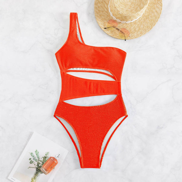 Women's Wave Stripe Solid Cut Out One Piece Swimwear - Amazitshop