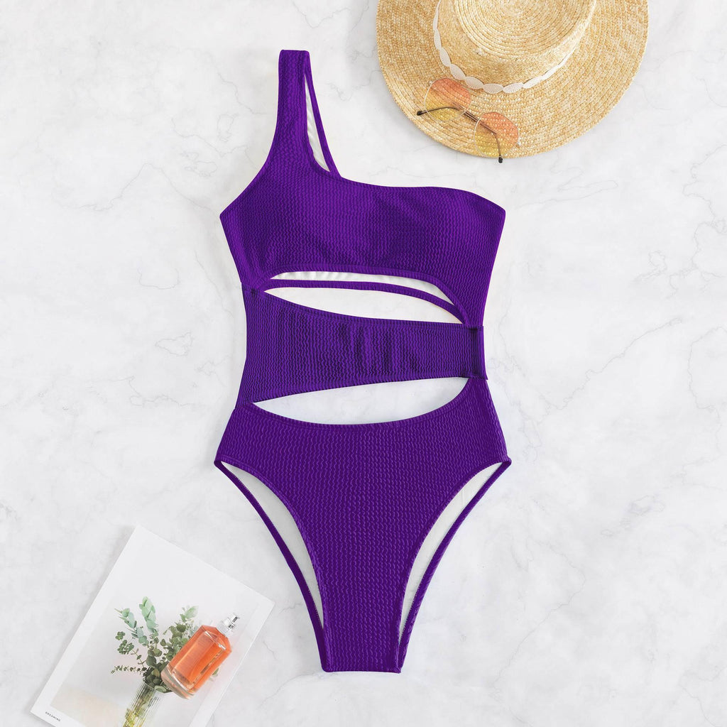 Women's Wave Stripe Solid Cut Out One Piece Swimwear - Amazitshop