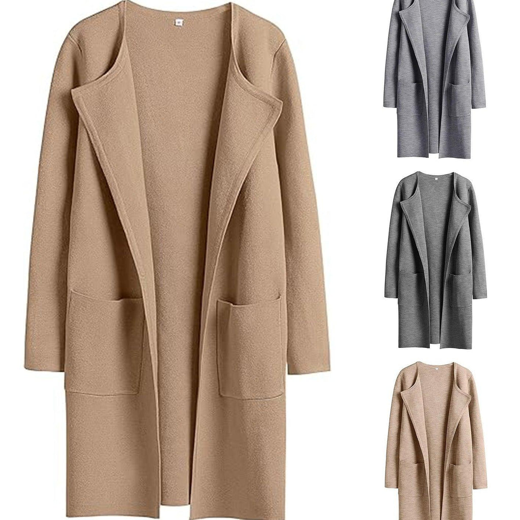Women's Woolen Coat With Pockets Autumn And Winter Temperament Slim Fit Mid Length Jacket Comfortable Casual Lapel Coats - Amazitshop