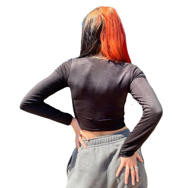 Womens Y2K Vintage Gothic Rhinestone Long Sleeve Ladies T-Shirt - Amazitshop