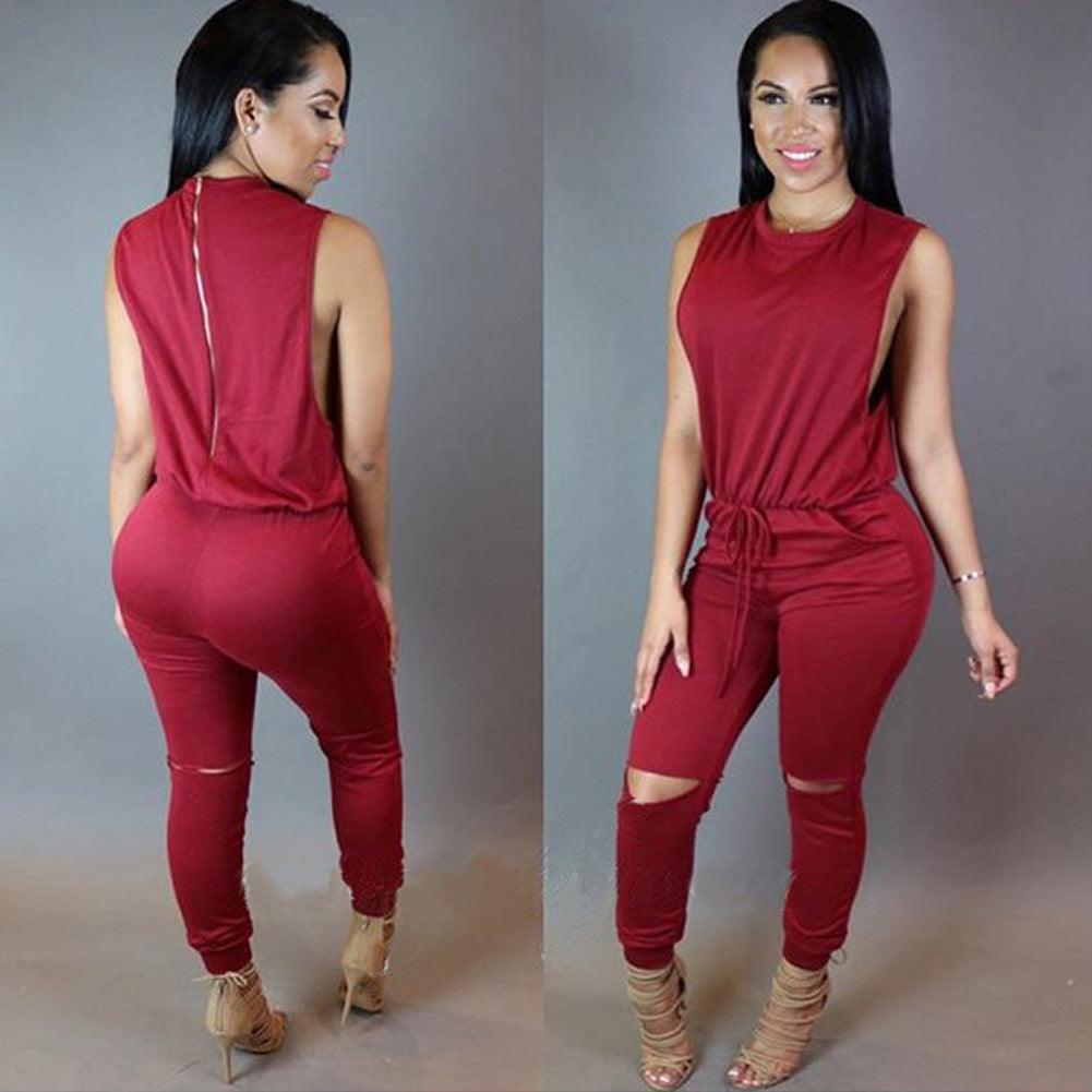 Women's Zippered Drawstring One - piece Pant Jumpsuit - Amazitshop