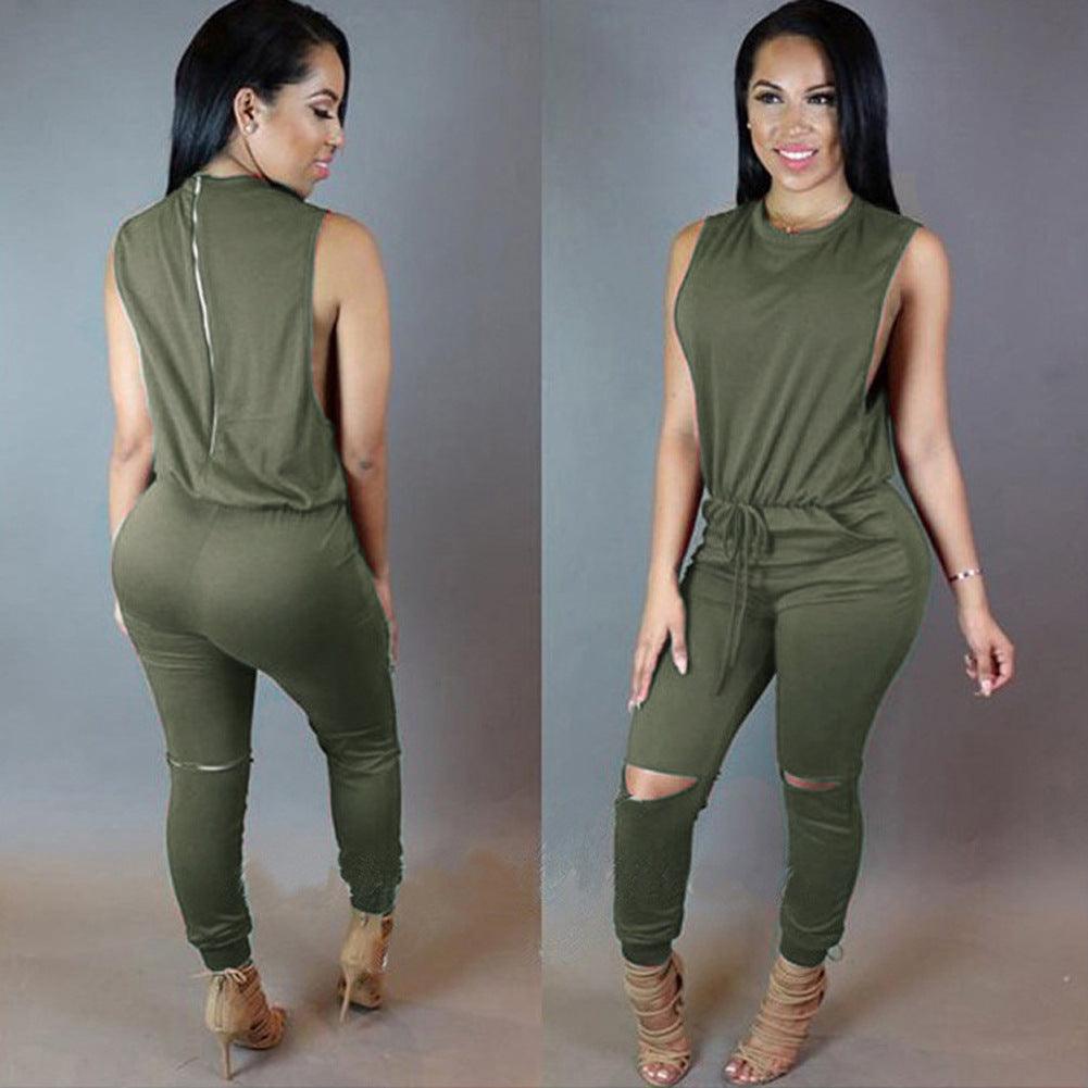 Women's Zippered Drawstring One - piece Pant Jumpsuit - Amazitshop
