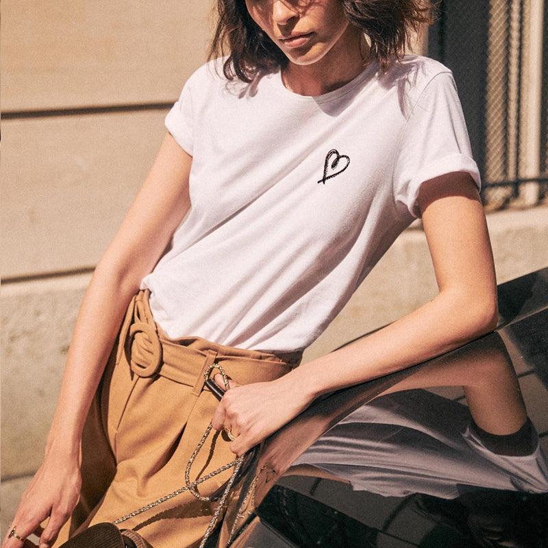 WOTWOY Funny Heart Embroidery Tshirts Women Summer Solid Cotton T-shirt Women Casual Knitted Tops Femme Black White Tees - Amazitshop