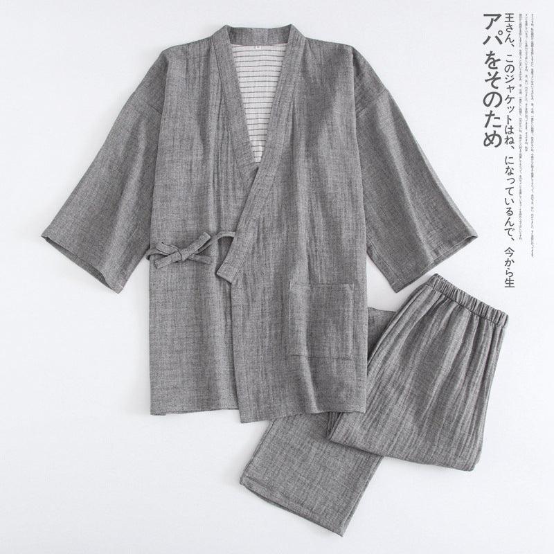 Woven Cotton Washed Color Spinning Double Gauze Kimono Pajama Set - Amazitshop