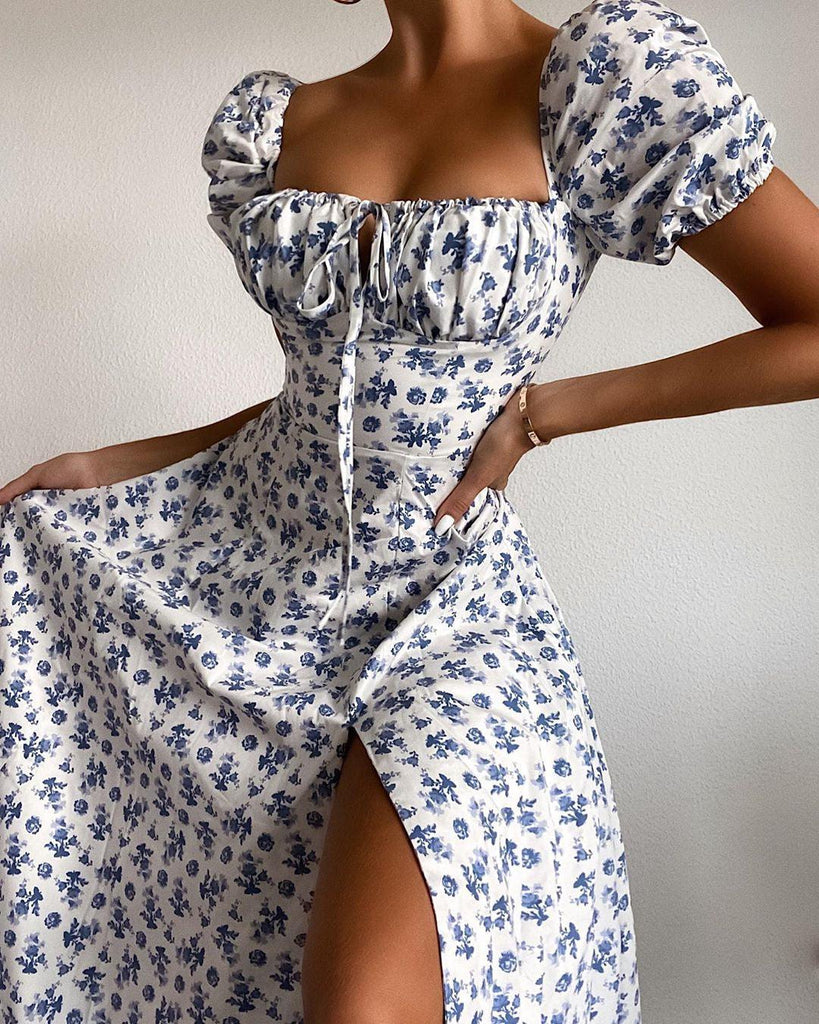 Yissang Floral Print Puff Short Sleeve Women Dress High Split Party Long Dresses Elegant Lace Up - Amazitshop