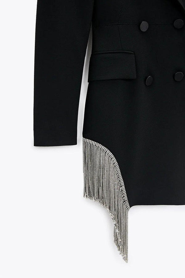 ZA Women Fashion Double - breasted Blazers Coat Vintage Long Sleeves Female Black Slim Tassel Drill Decoration Chic Outerwear - Amazitshop