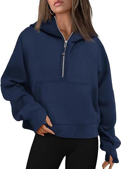Zipper Hoodies Sweatshirts With Pocket Loose Sport Tops Long Sleeve Pullover Sweaters Winter Fall Outfits Women Clothing - Amazitshop
