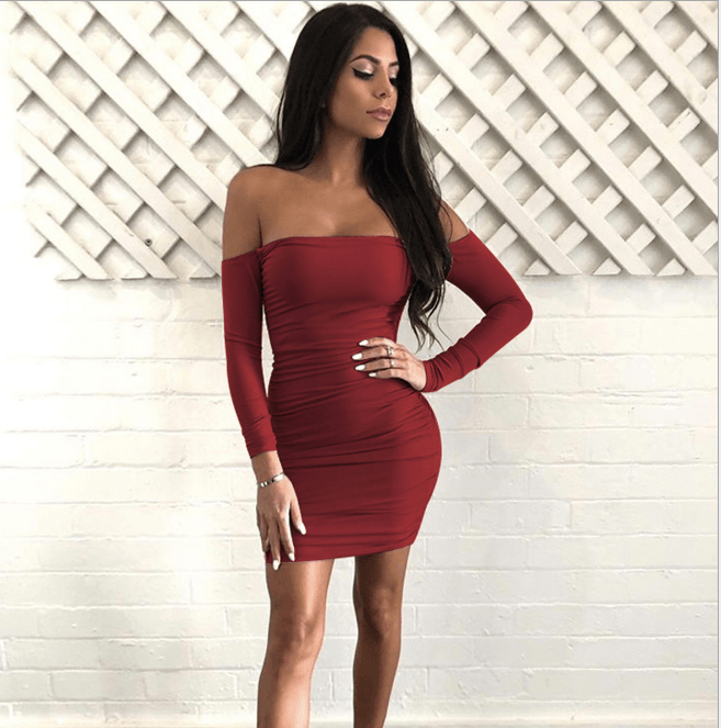 ZY8903 Europe and America sexy shoulder length sleeve sleeve hip dress, Amazon cross border autumn and winter burst 5 colors 4 yards - Amazitshop