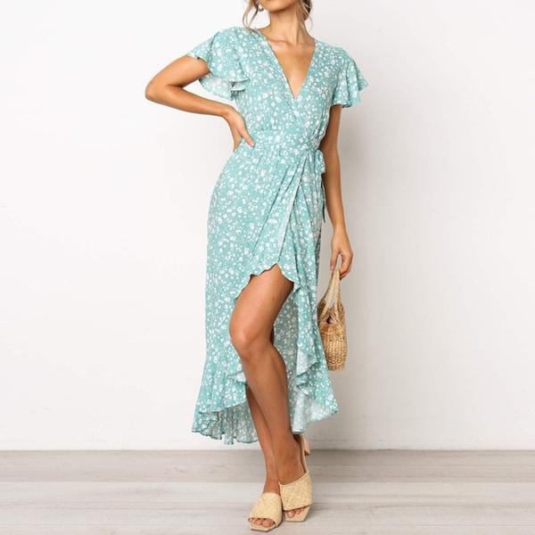 2021wish Amazon ebay summer hot new European and American small floral V - neck short - sleeved lace dress - Amazitshop