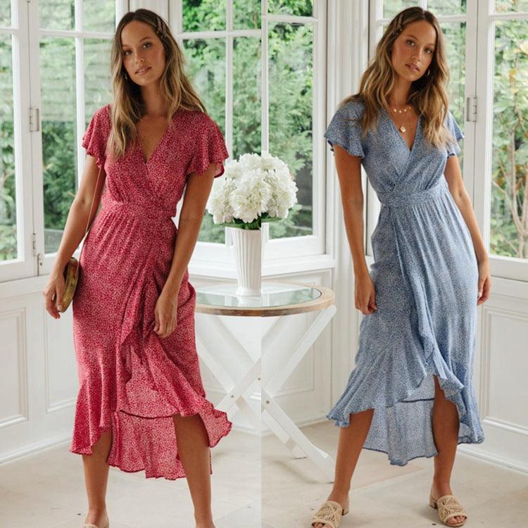 2021wish Amazon ebay summer hot new European and American small floral V - neck short - sleeved lace dress - Amazitshop