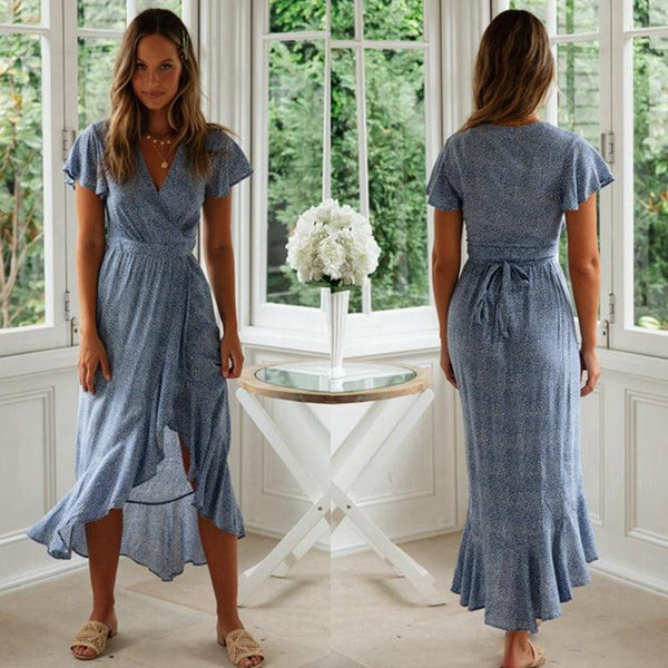 2021wish Amazon ebay summer hot new European and American small floral V - neck short - sleeved lace dress - Amazitshop