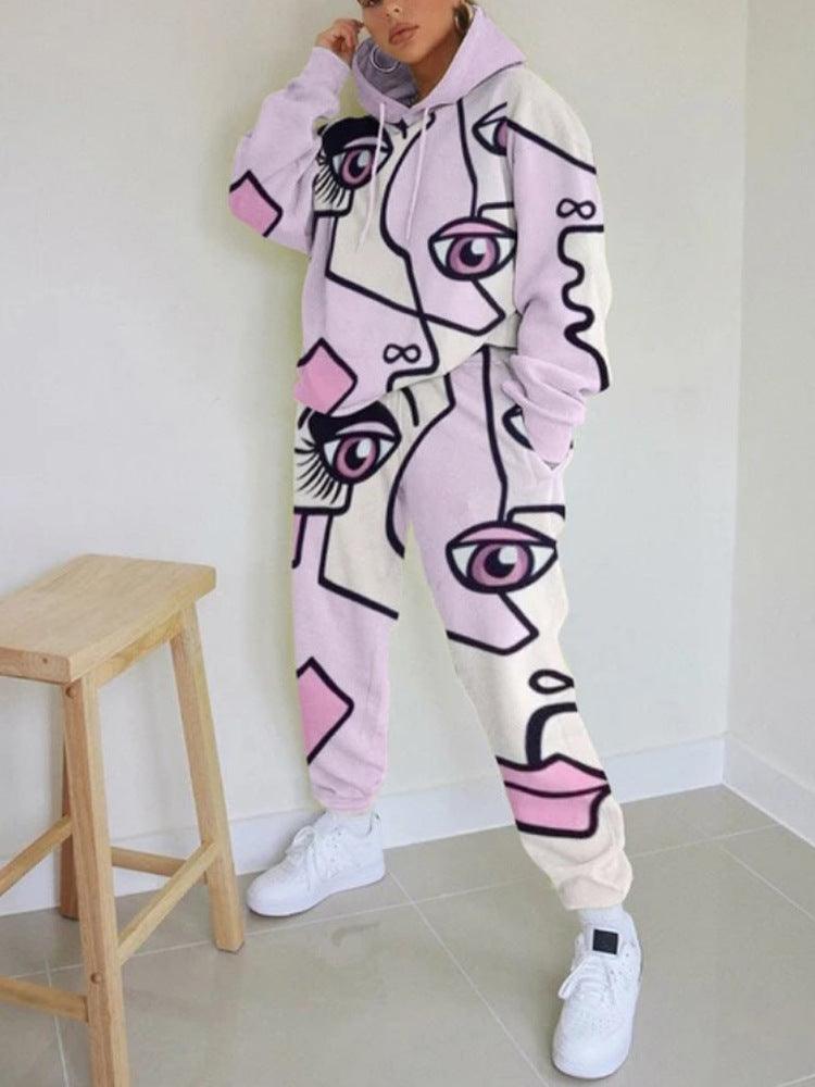 Best Quality Casual Hooded Loose Print Basic Women's Sweatshirt Set - Amazitshop