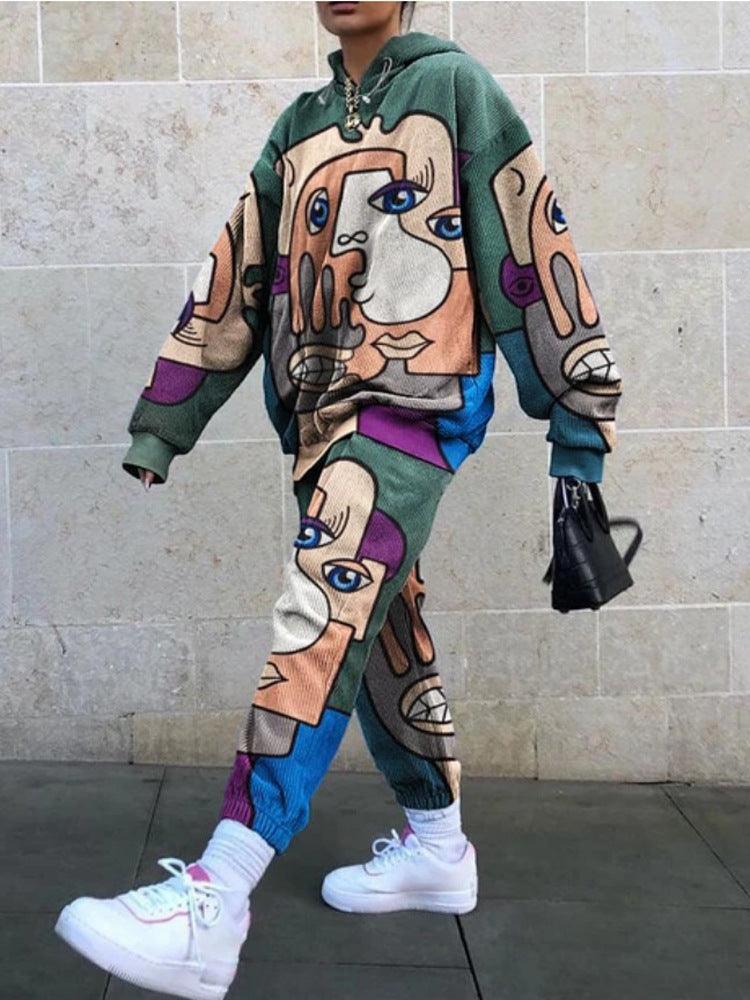 Best Quality Casual Hooded Loose Print Basic Women's Sweatshirt Set - Amazitshop