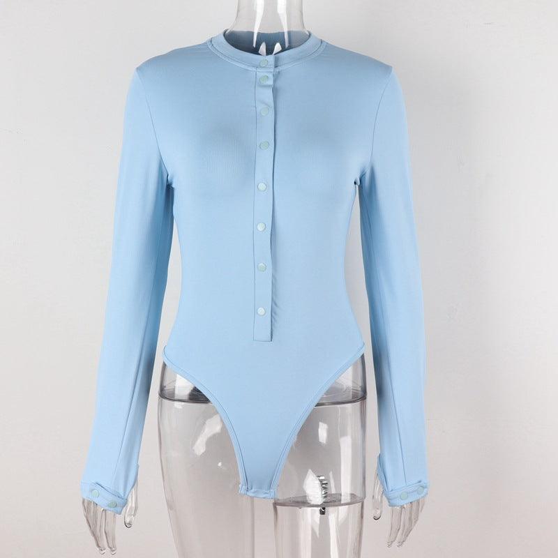 Best Sexy Half - cardigan Buttoned One - piece Autumn and Winter Long - sleeved Bottoming T-shirt - Amazitshop