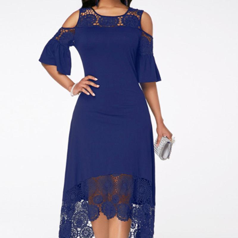 Butterfly Sleeve Mid - calf Dress Women Sexy Cold Shoulder Dress Lace Stitching Ladies Dresses Spring Female - Amazitshop