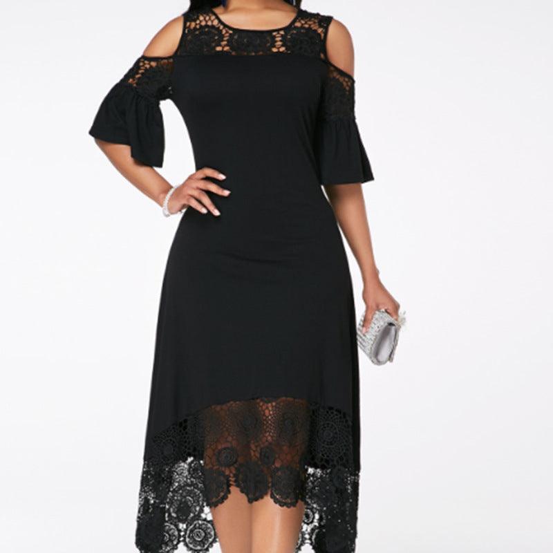 Butterfly Sleeve Mid - calf Dress Women Sexy Cold Shoulder Dress Lace Stitching Ladies Dresses Spring Female - Amazitshop