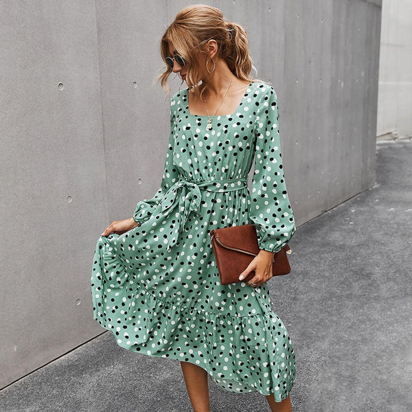 Classic Print Elegant Square Neck Dress Women - Amazitshop