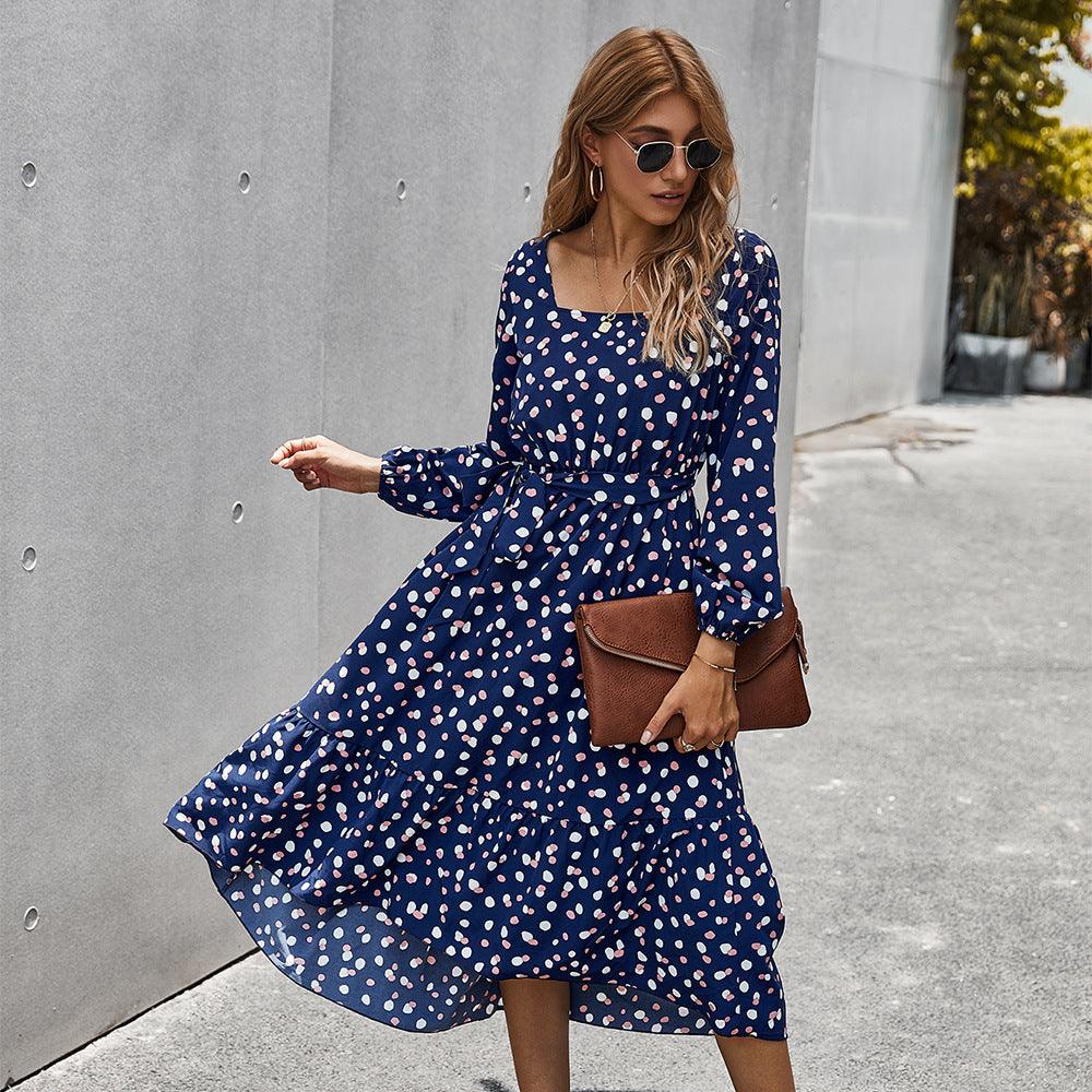 Classic Print Elegant Square Neck Dress Women - Amazitshop