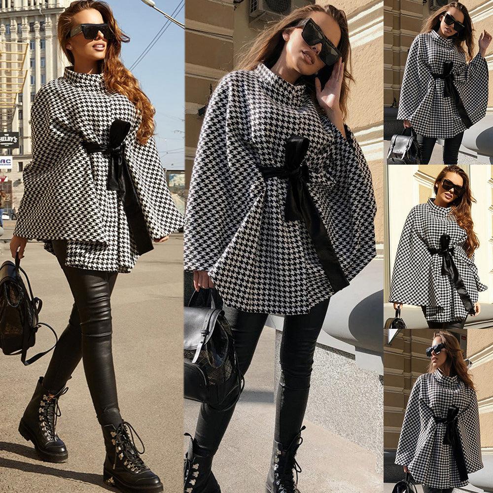 Coat Houndstooth Woolen Cloth Loose Tie Cloak - Amazitshop
