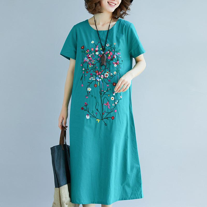 Ethnic Style Embroidered Cotton Linen Medium Length Dress - Amazitshop