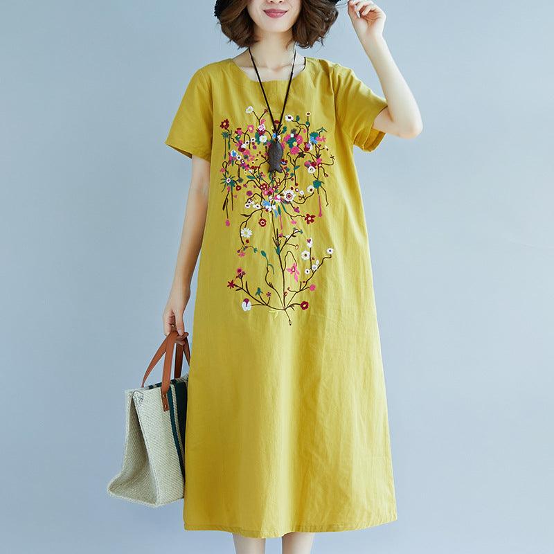 Ethnic Style Embroidered Cotton Linen Medium Length Dress - Amazitshop