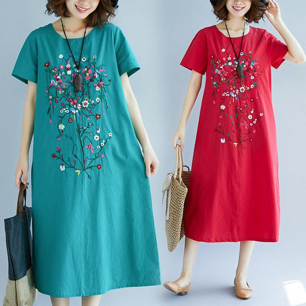 Ethnic Style Embroidered Cotton Linen Medium Length Dress - Amazitshop