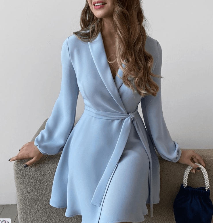Fashion Sky Blue Long - sleeved Lapel Waist Tie Dress - Amazitshop